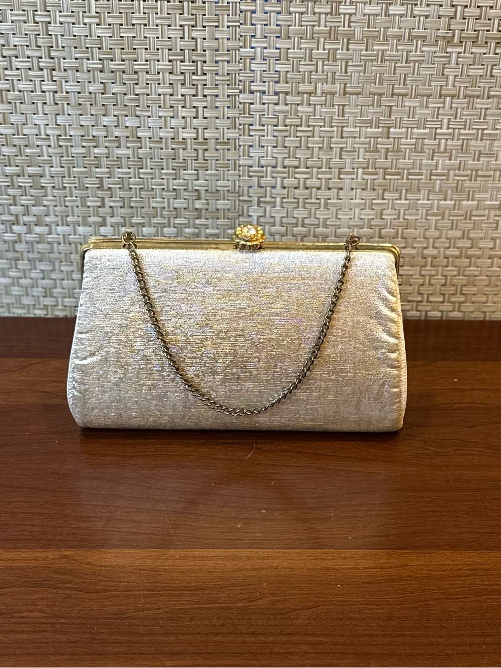 VTG 1960s Metallic Lamé Evening Clutch Cocktail Bag Sunburst Rhinestone Clasp